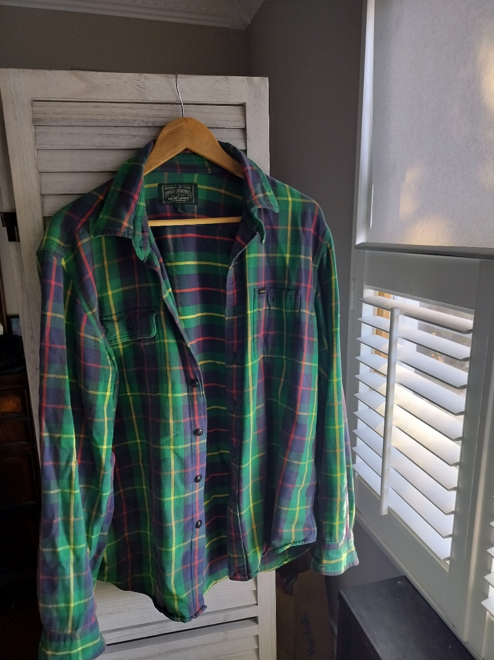 Polo Country Ralph Lauren Shirt Men's L Green Flannel Long Sleeve Chin Strap